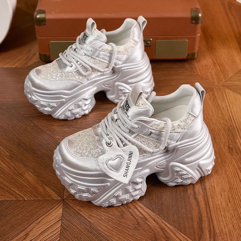 AUTUSPIN 10cm High Chunky Sneakers Women Newest Autumn 2025 Fashion Bling Bling Shoes Outdoor Lace-up Brand Platform Sneaker