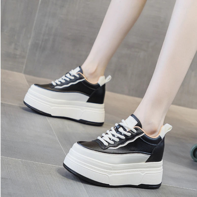 Fujin 9cm Women Platform Wedge Casual Autumn Cow Genuine Leather Woman Firm Ergonomic Ankle Boots Chunky Sneakers Spring Shoes