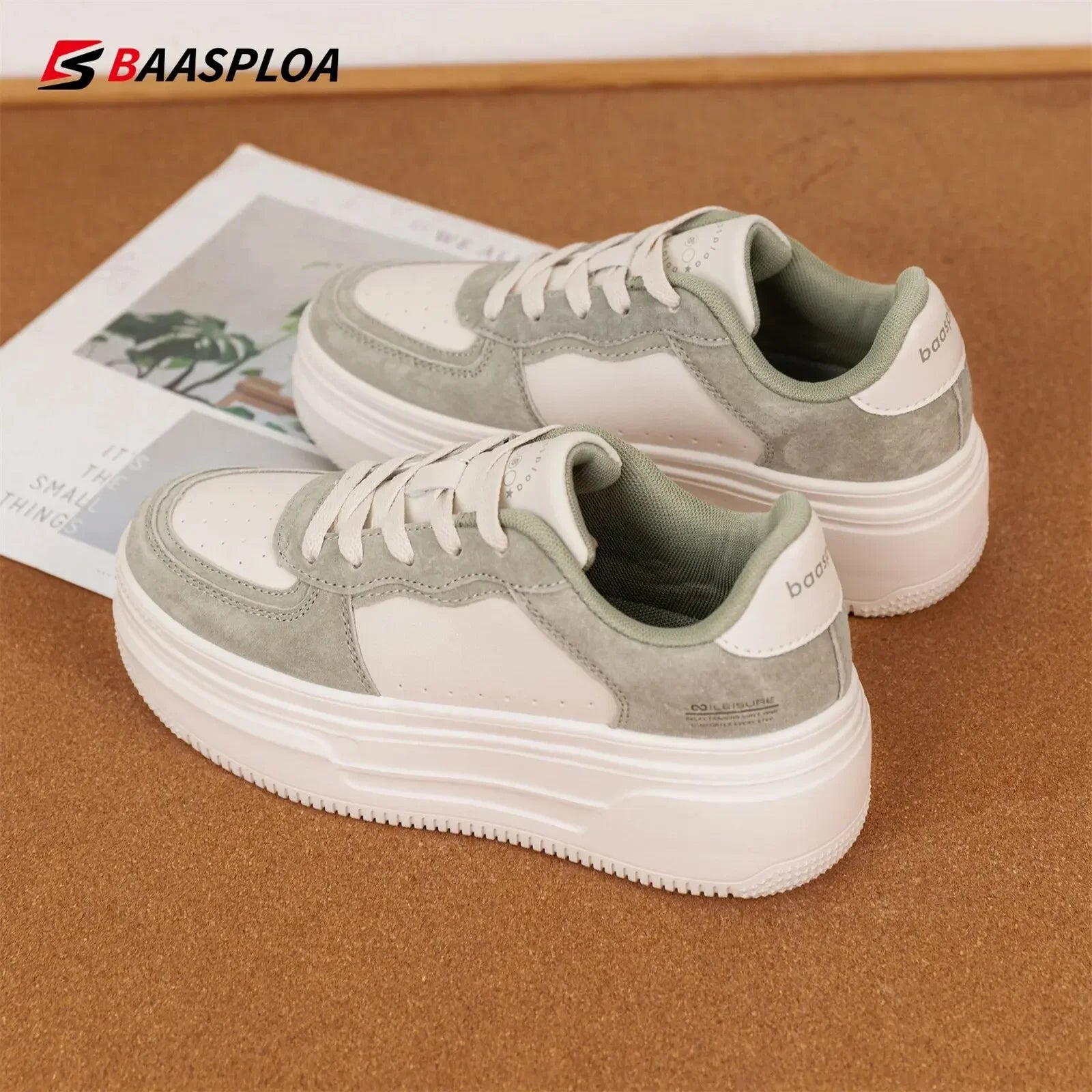 Baasploa Women Platform Sneakers Fashion Leather Casual Thick Soled Shoes for Women Comfort White Skateboarding Shoes Non-Slip