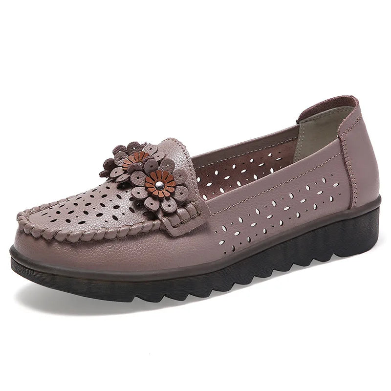 WOIZGIC Femmes Femmes Dames Mère Chaussures En Cuir Véritable Appartements Mocassins Plateforme Creux Sans Lacet Été Cool Fleurs Mocassins