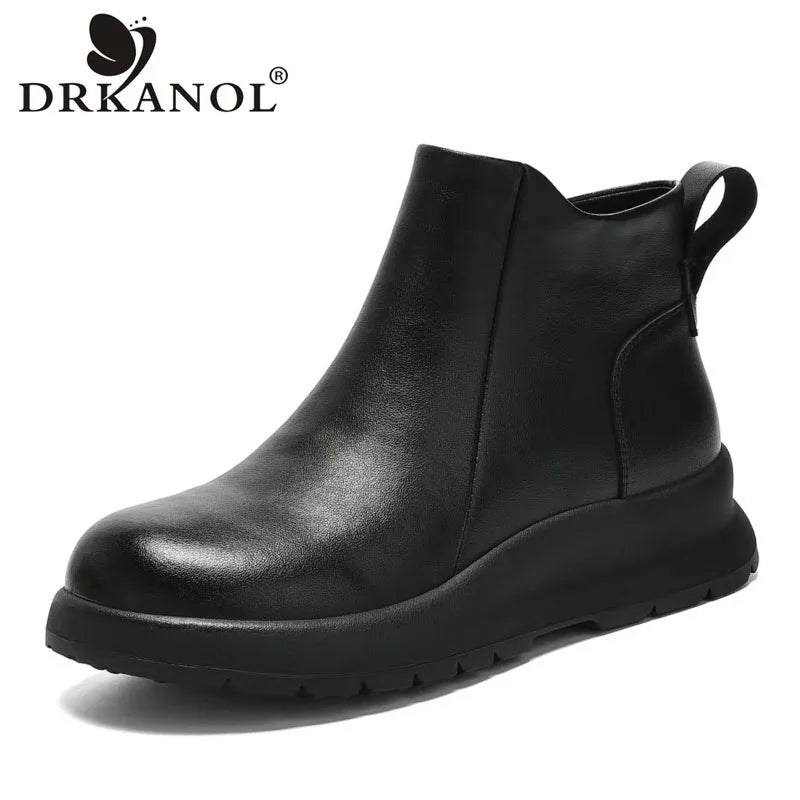DRKANOL 2025 Thick Sole Platform Snow Ankle Boots For Women Wedges Heel Genuine Leather Short Boots Ladies Plush Fur Warm Shoes