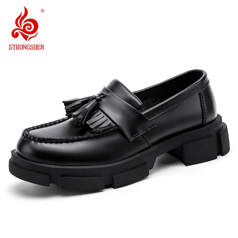 STRONGSHEN Men Leather Tassel Shoes Brand Luxury Loafers Black Moccasin Thick Bottom Business Casual Formal Men's Dress Shoes