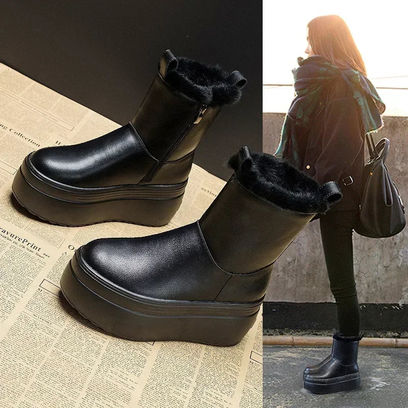 Fujin Snow Boots 2024 Women Boots Warm Genuine Leather Autumn Winter Motorcycle Booties Platform Super Thick Sole Shoes