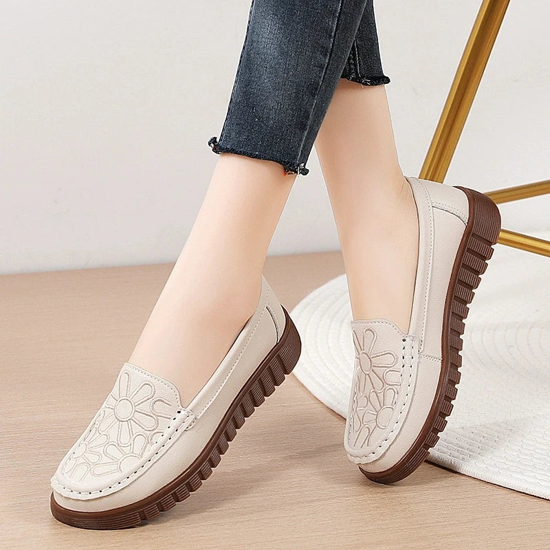 WOIZGIC Chaussures pour femmes en cuir véritable, plates, antidérapantes, souples, pour printemps et automne