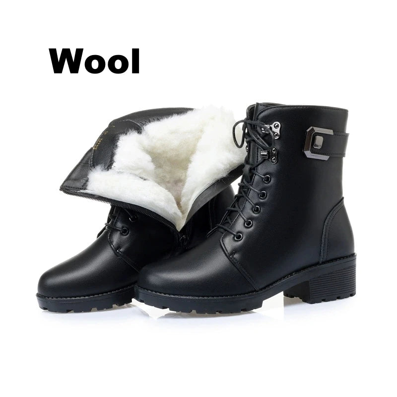 WOIZGIC Female Ladies Women Genuine Leather Ankle Boots Platform Winter Antumn Plush Fur Warm Shoes Plus Size Lace Up 35-43