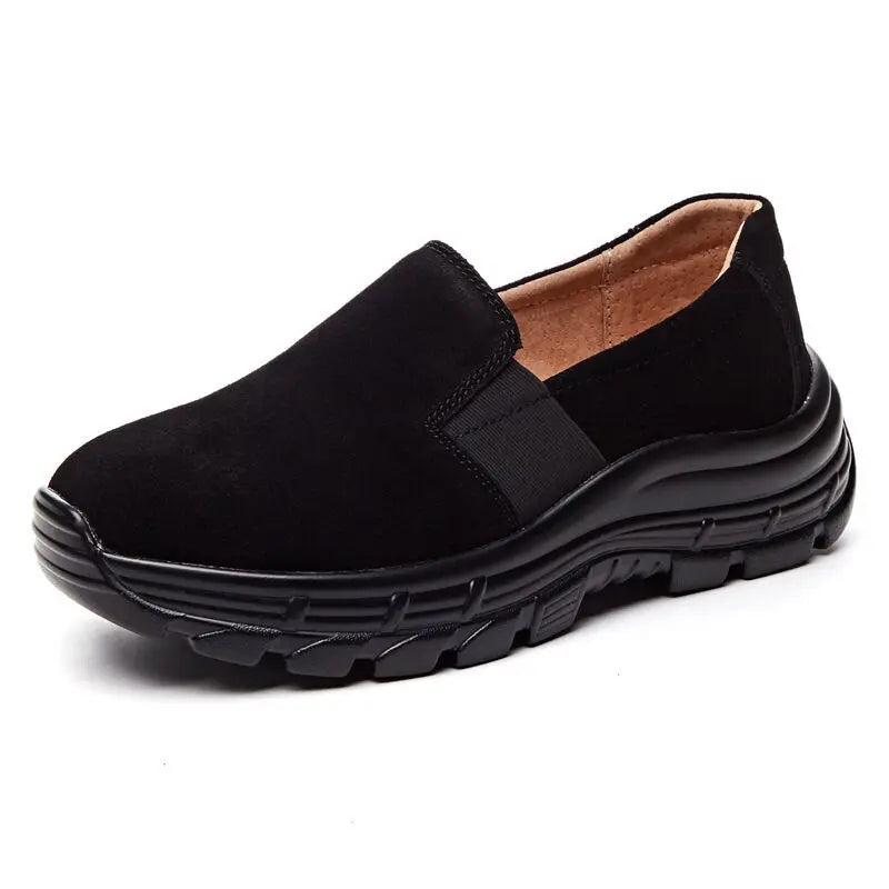 WOIZGIC Chaussures plates pour femmes, mocassins en cuir véritable, en daim de vache, antidérapantes, respirantes et vulcanisées