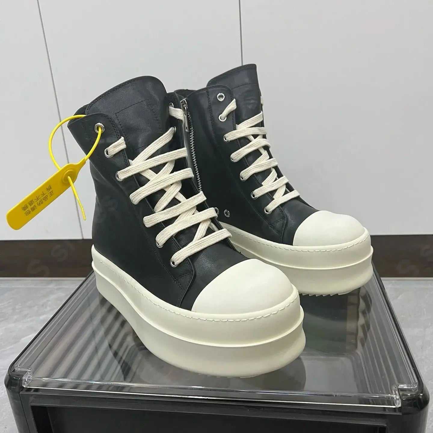 R-o Luxury Men Shoe Black Leather High Top Shoes Women Sneaker Casual Boot Zip 6cm Thick Sole Sneakers Pantshoes Ankle Boots