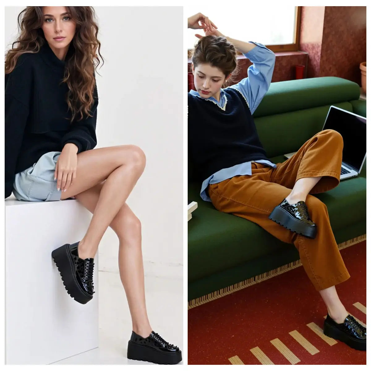 Fujin 8cm Patent Genuine Leather Synthetic Chunky Heels Mary Jane Buckle Platform Autumn Breathable Pumps Summer Spring Shoes