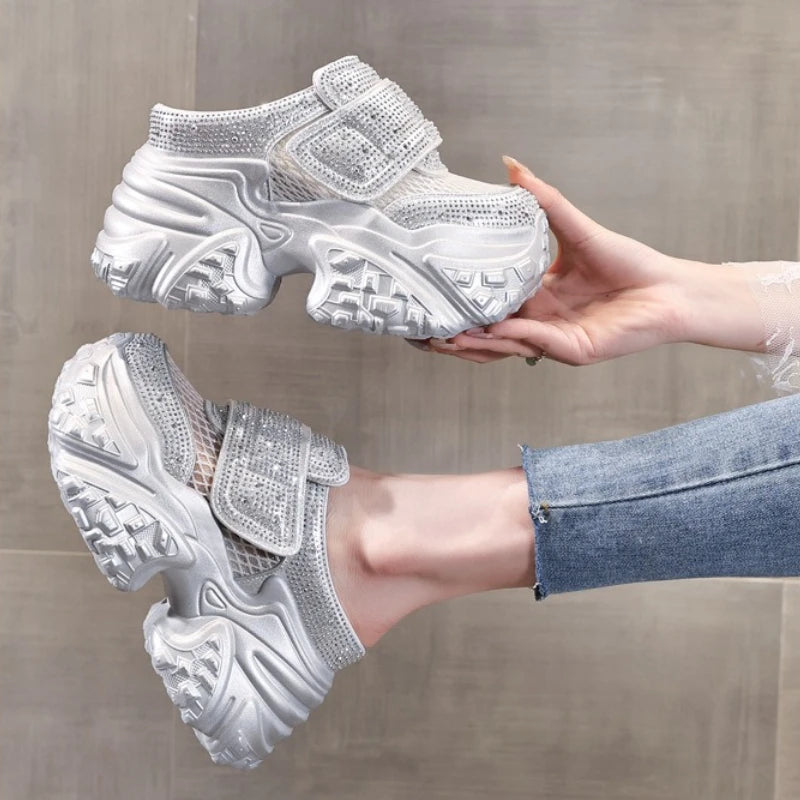 Fujin 9cm Air Mesh Microfiber Leather Women Bling Vulcanize Platform Wedge Flats Chunky Sneakers Slipper Hidden Heel Shoes