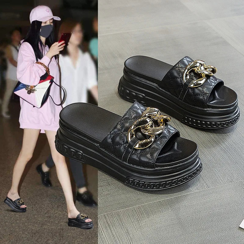 Fujin 7cm Genuine Leather Women Summer Shoes Outside Slippers Beach Shoes Platform Wedges Slides Sandals Beach Shoes