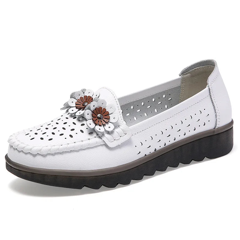 WOIZGIC Femmes Femmes Dames Mère Chaussures En Cuir Véritable Appartements Mocassins Plateforme Creux Sans Lacet Été Cool Fleurs Mocassins