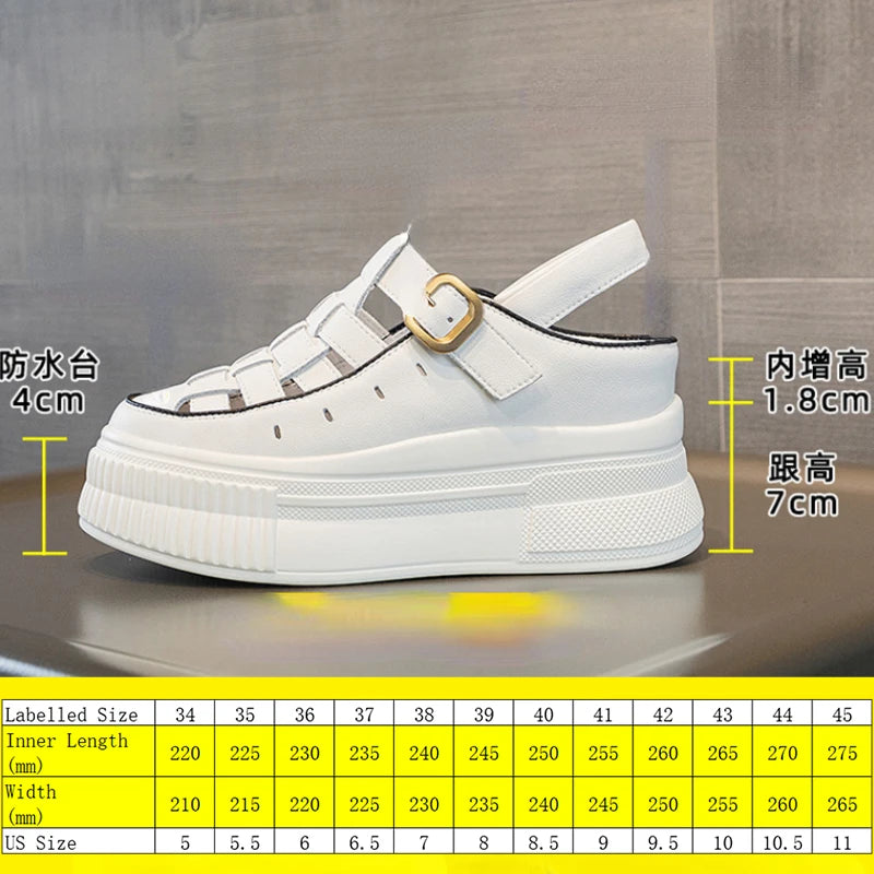 Fujin 8cm Platform Wedge Buckle Weave Sandals Ladies Shoes Women Moccasins Summer Retro British Natural Cow Genuine Leather