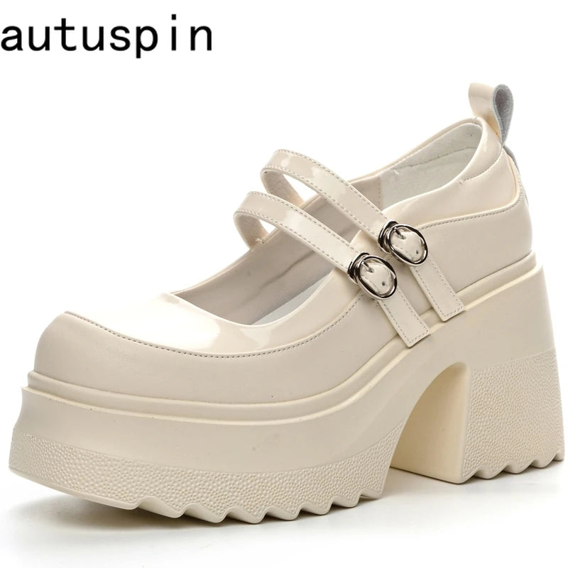 AUTUSPIN 10cm Mary Jane Women Pumps Fashion Platform Thick High Heels Spring Autumn Japanese Style Patent Split Leather Shoes