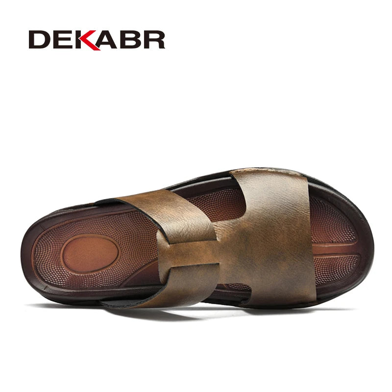 DEKABR Men's Summer Sandals Cow Leather Open Toe Slip-On Leisure Classical Flat Bottom Soft Shoes Size 37-46