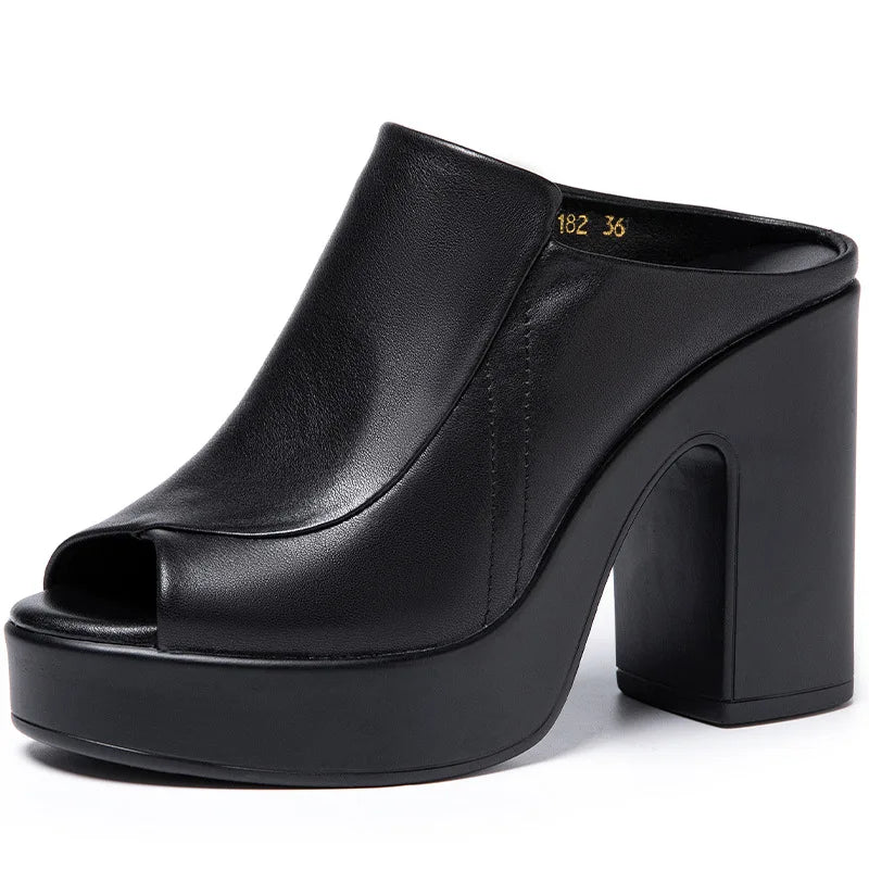 Fujin 10.5cm 2025 Cow Genuine Leather Synthetic Summer Chunky Heels Mary Jane Slip on Peep Toe Breathable Pumps Shoes