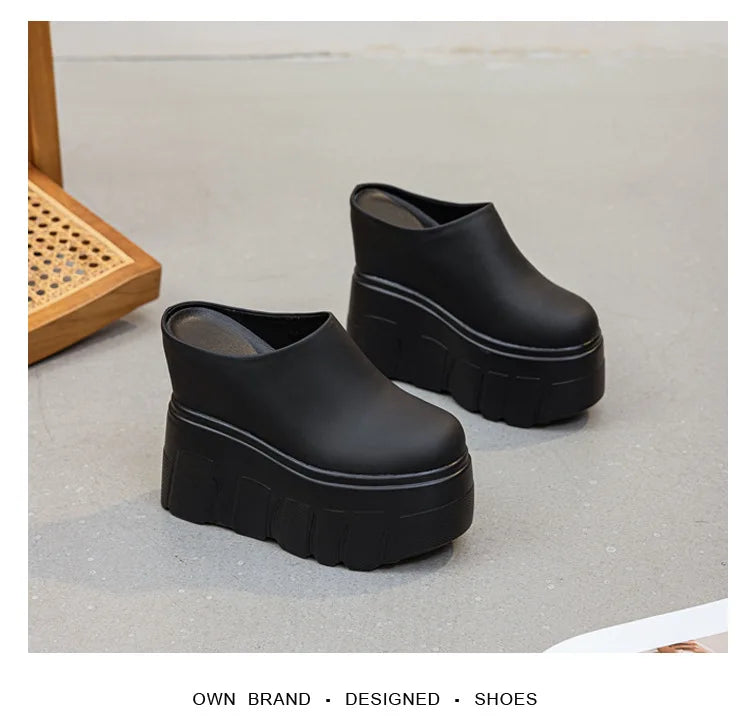 Fujin 14cm  Ladies Summer Shoes Slip on Genuine Leather Fashion Women Wedge Slipper Platform Wedge Sandals Sandals