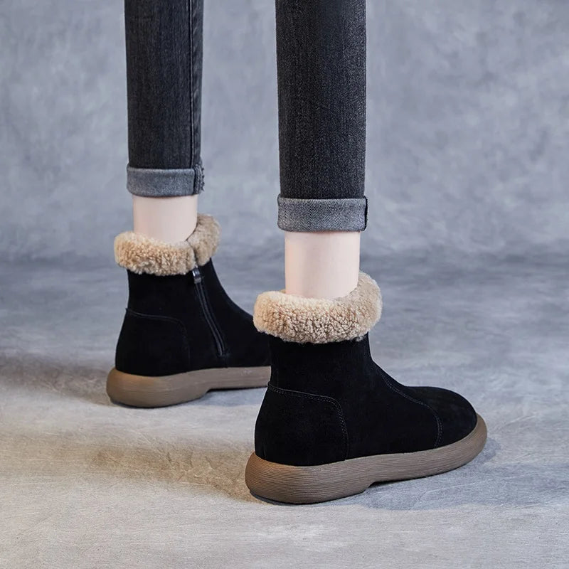 DRKANOL 2025 Fashion Women Snow Boots Quality Cow Suede Leather Winter Fur Warm Flat Heel Side Zipper Casual Short Ankle Boots