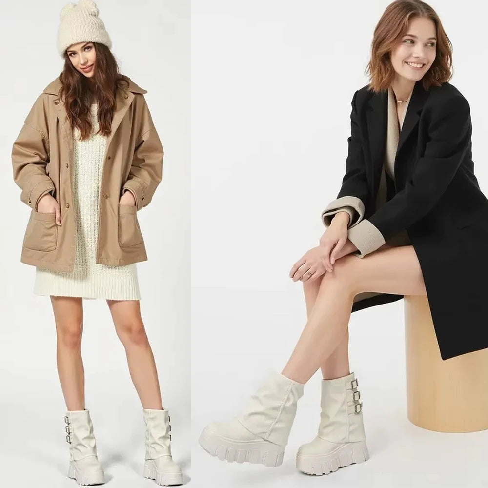 Fujin 14cm New Ankle Booties Shoes Natural Genuine Leather Boots Women Motorcycle Boots Platform Ladies Fashion Botas Winter