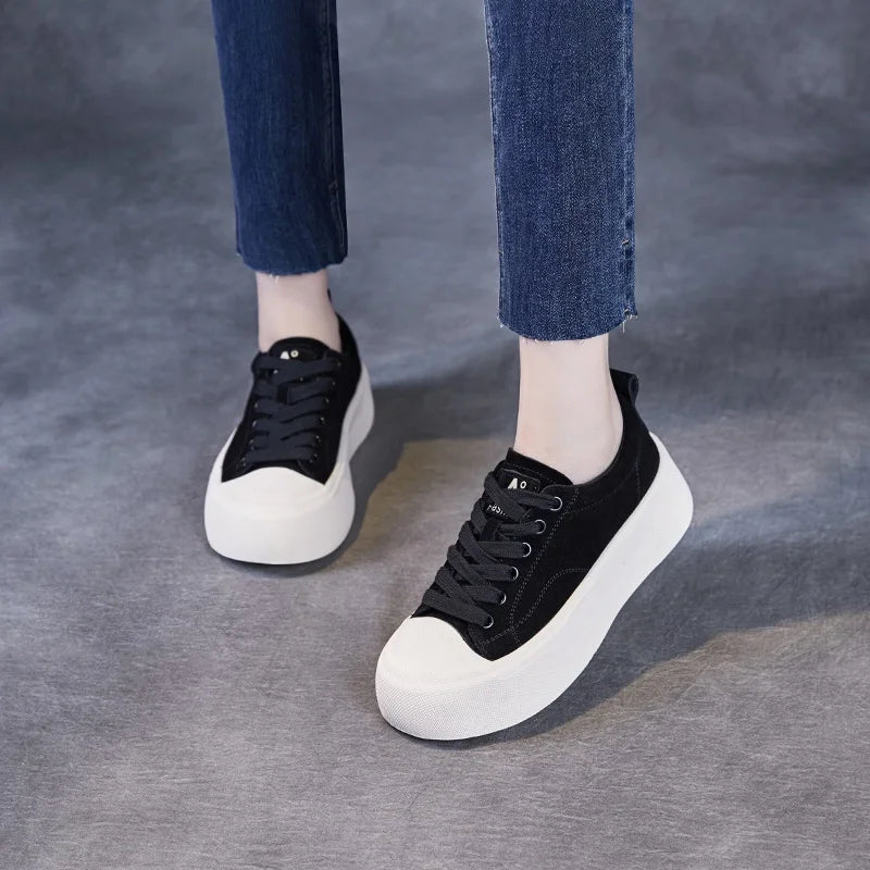 DRKANOL 2025 Fashion Women Flat Platform Shoes Spring Lace-Up Quality Cow Suede Round Toe Casual Sneakers Ladies Board Shoes