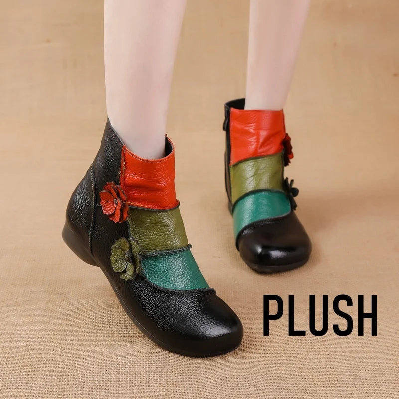 WOIZGIC Bottes en cuir véritable pour femmes, chaussures à la cheville, fermeture éclair, style ethnique, automne, fourrure en peluche, fleur chaude