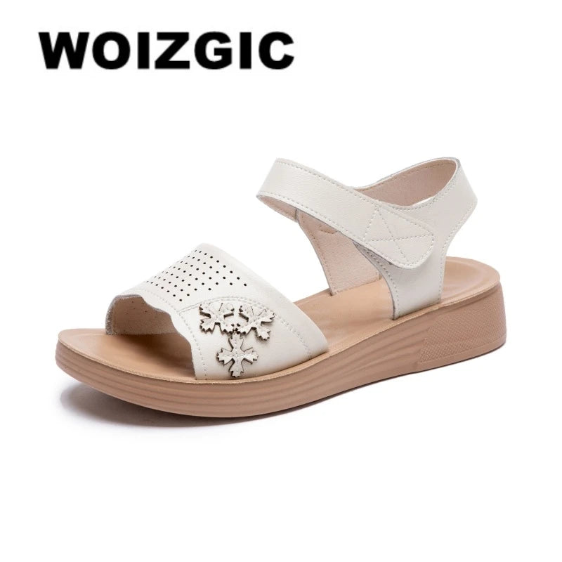 WOIZGIC Femmes Dames Mère Véritable Cuir Blanc Sandales Chaussures Été Plage Cool Doux Antidérapant Style National