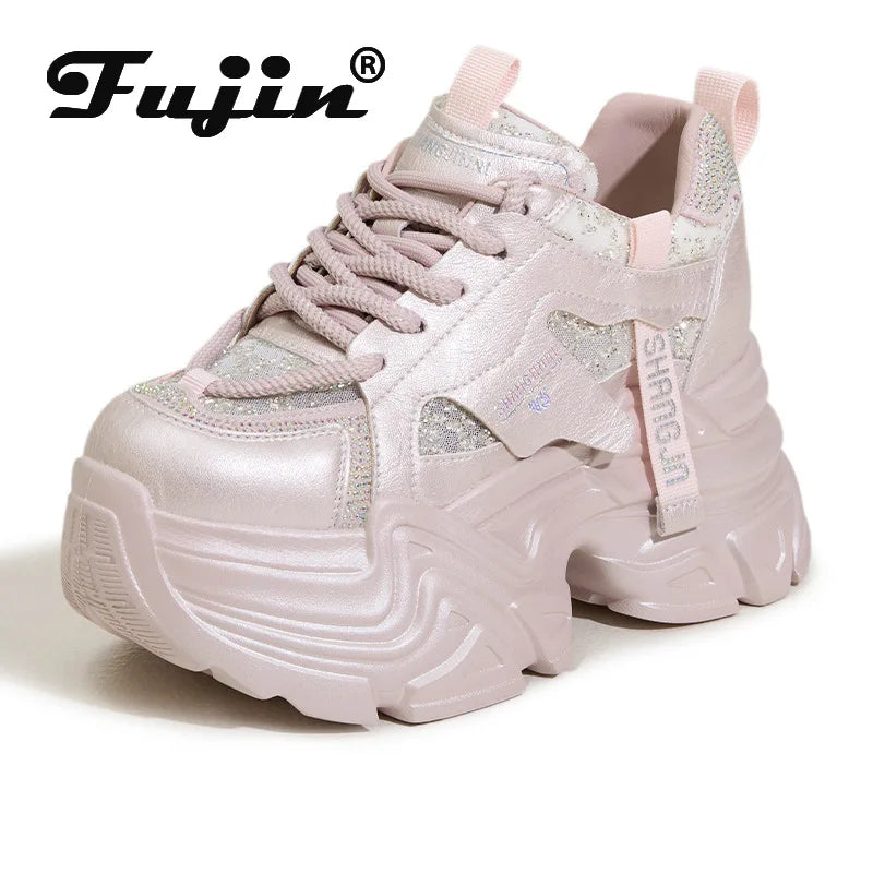 Fujin 9cm Air Mesh Microfiber Leather Bling High Brand Comfy Platform Wedge Fashion Summer Chunky Sneaker Lace Up Shoes Women