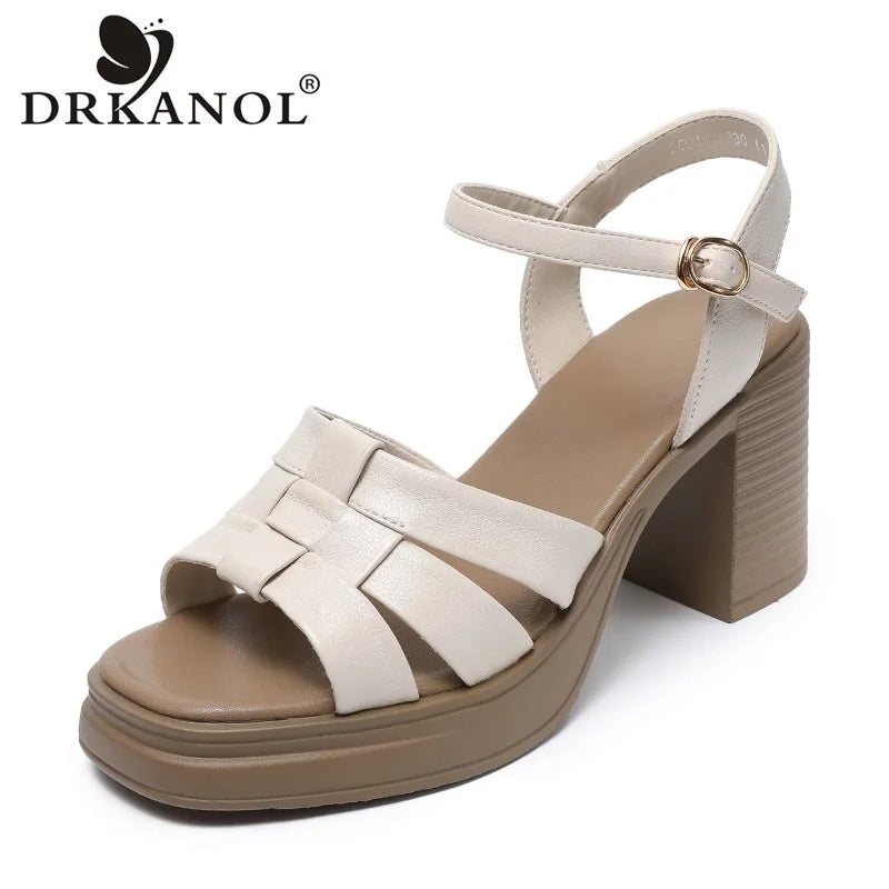DRKANOL 2025 Fashion 8cm High Heel Sandals Women Genuine Cow Leather Weave Buckle Strap Open Toe Chunky Platform Casual Sandals