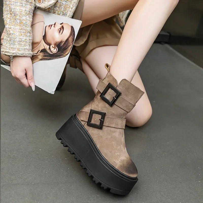 Fujin 8cm Suede Genuine Leather Ankle Booties Women Autumn Boot Flats Winter Plush Thick Sole Motorcycle Platform Wedge Shoes