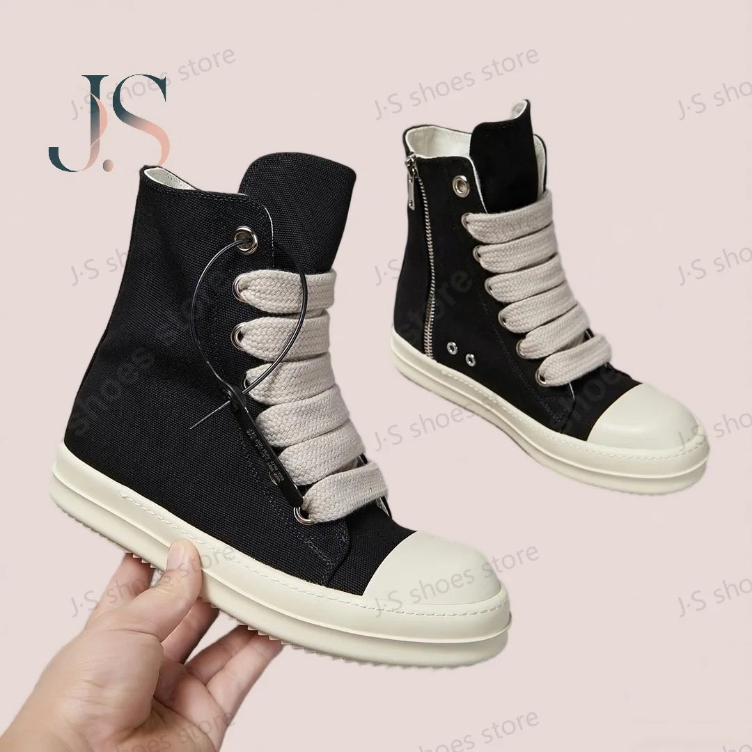 Black Canvas Shoe Men Boots Ro High Top Shoes Jumbo Laces Women Sneaker Casual Shoes Luxury Zipper Flat Shoes Ankle Boot