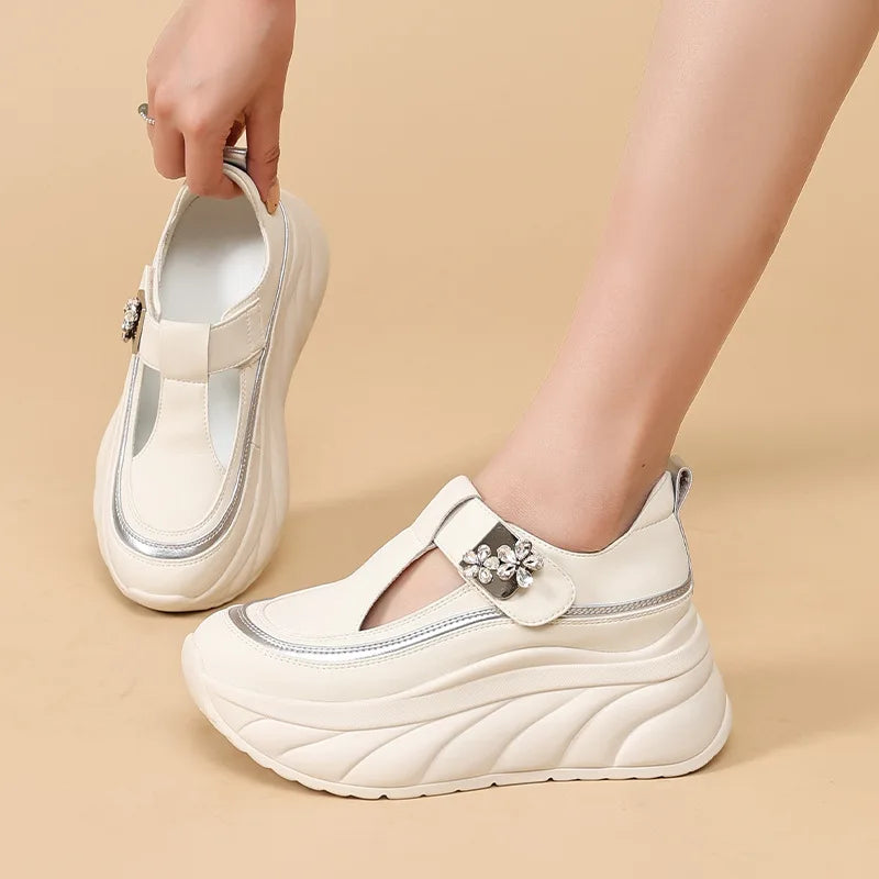 Fujin 8cm Platform Sneakers for Women Casual Shoes Slip on Magic Tape Chunky Shoes White Women Fashion Sneakers Walking Shoes