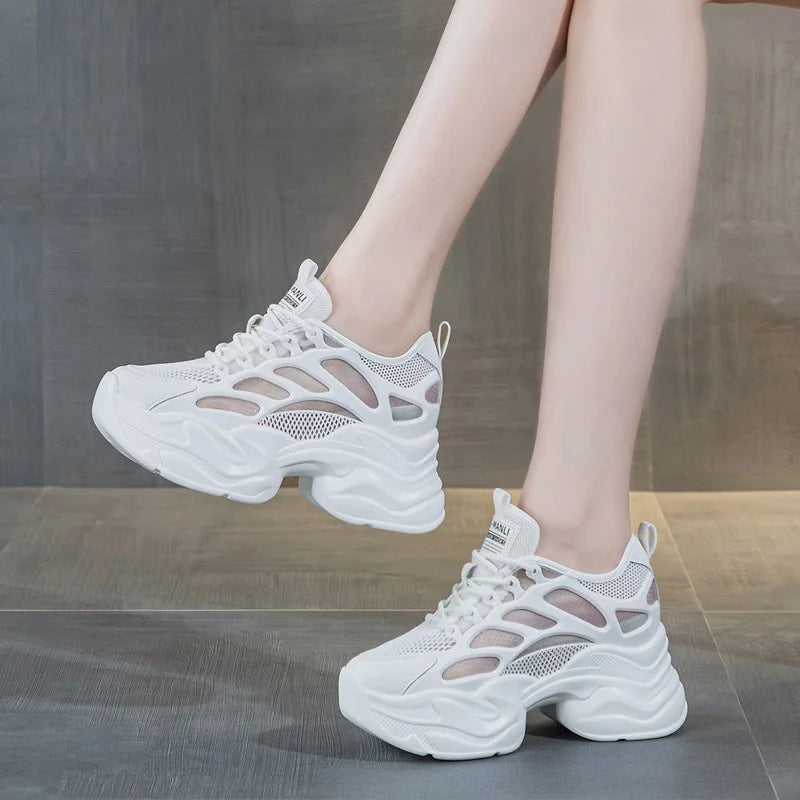 DRKANOL 2025 Fashion Women Thick Sole Casual Sneakers Summer Breathable Air Mesh Height Increasing Wedges White Vulcanized Shoes