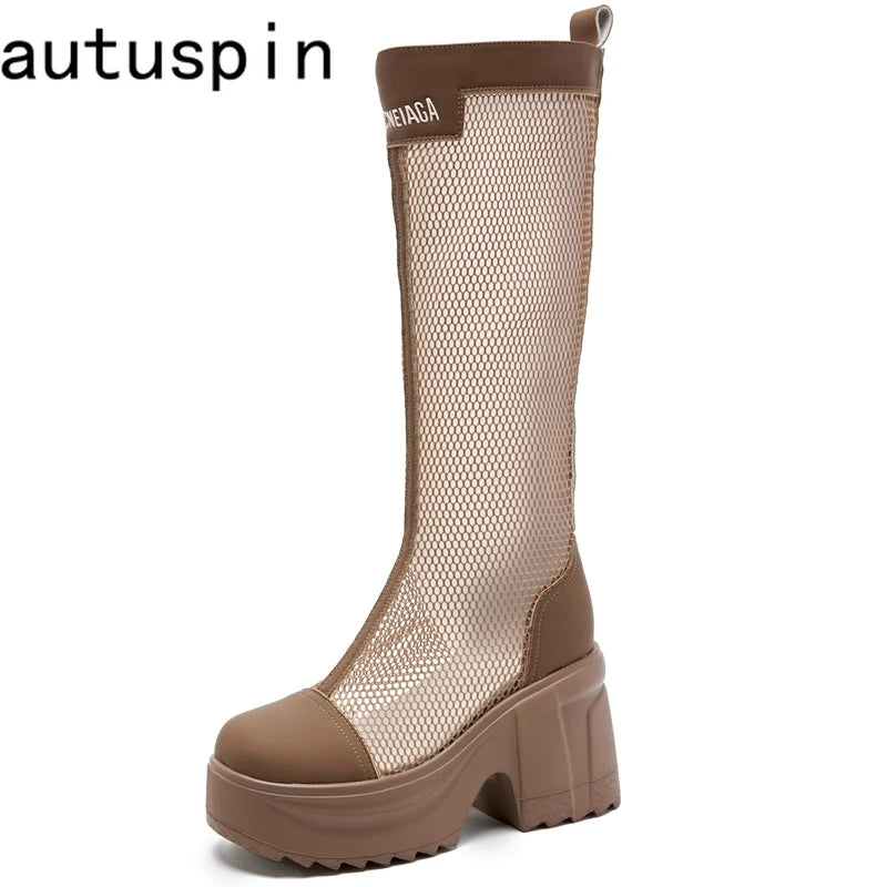 Autuspin 10cm High Platform Women Long Boots Summer Autumn Breathable Air Mesh Knee-high Boot Ladies Thick Heels Woman Fashion