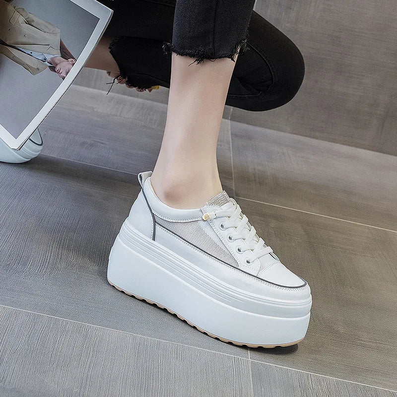 Fujin 8cm White Genuine Leather Platform Heel Women Flats Shoes Comfortable Casual Creepers Chunky Sneaker Summer Shoes Women