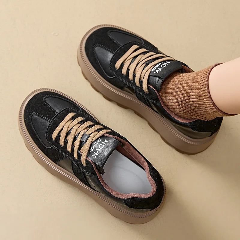 Fujin 8cm Microfiber Genuine Leather Breathable Fashion Chunky Sneaker Flats Booties Boots Spring Autumn Women Vulcanize Shoes