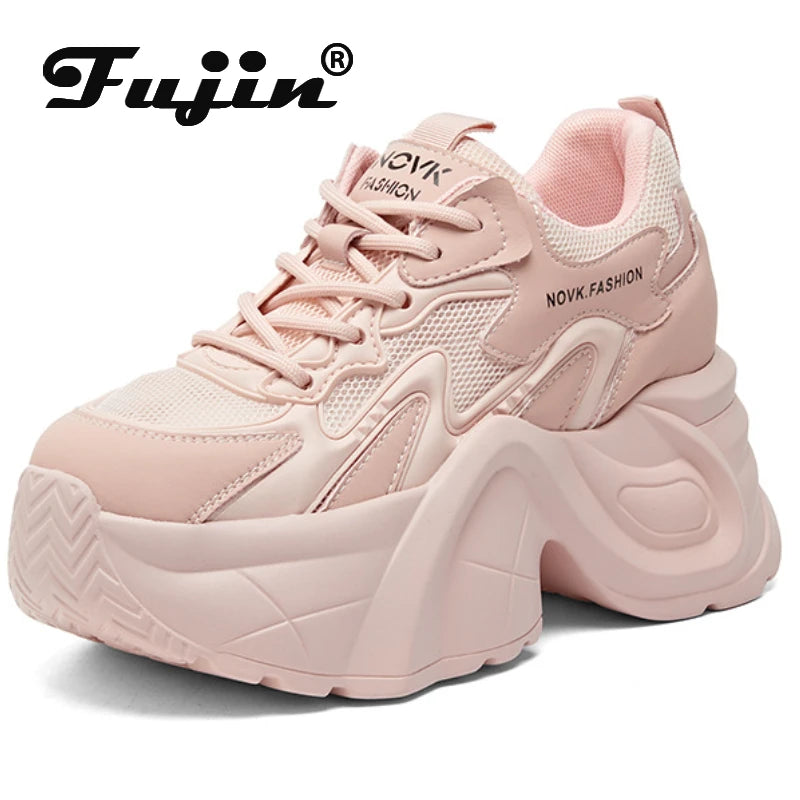 Fujin 9cm Air Mesh Genuine Leather Chunky Sneakers Casual Breathable Summer Ladies Fashion Platform Shoes Wedge Women Vulcanize
