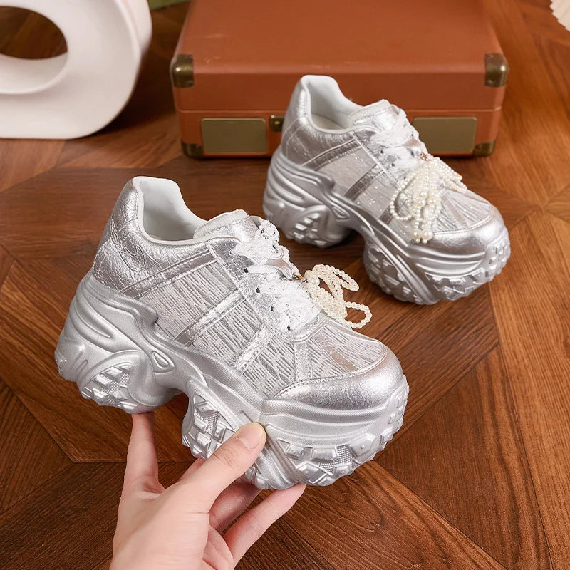 AUTUSPIN 10cm Height Increasing Summer Shoes for Women 2025 Fashion Breathable Lace Synthetic Leather Leisure Sports Sneakers