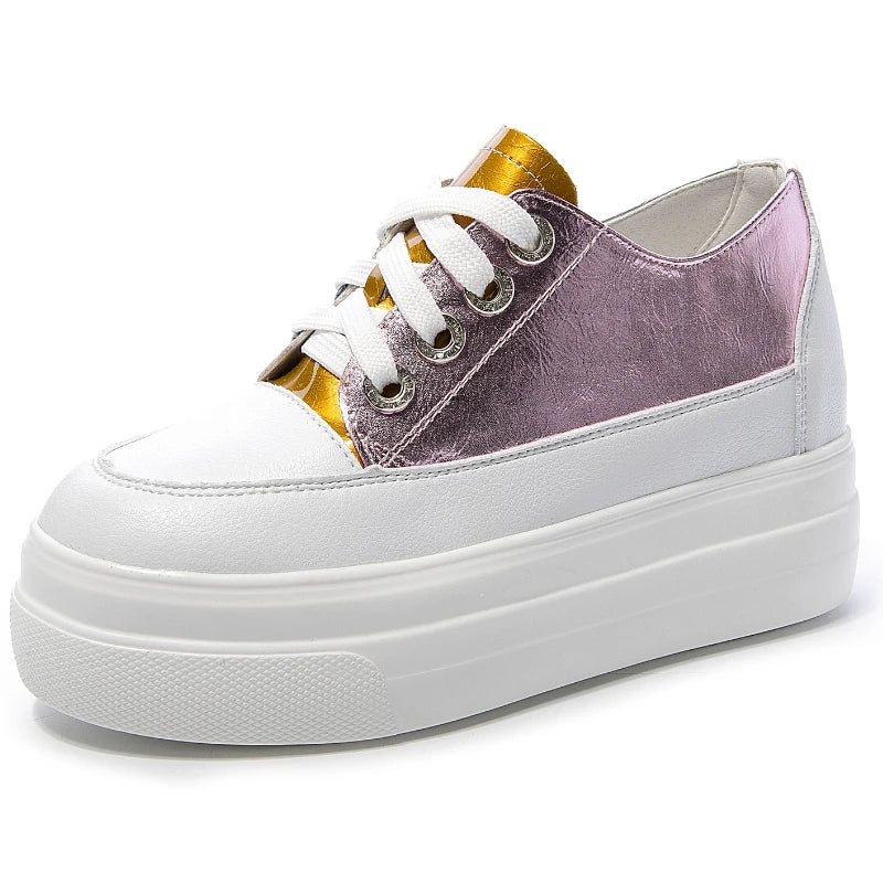 Fujin 8cm New Genuine Leather Platform Spring Autumn Chunky Sneaker Casual Hidden Women Vulcanize Comfy Summer Mixed Color Shoes