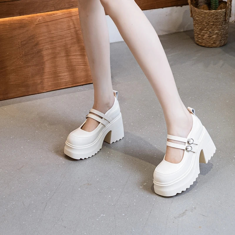 AUTUSPIN 10cm Mary Jane Women Pumps Fashion Platform Thick High Heels Spring Autumn Japanese Style Patent Split Leather Shoes