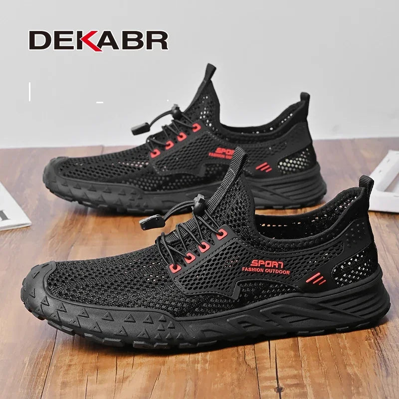 DEKABR Summer Men's Breathable Mesh Lightweight Comfortable Drawstring Casual Shoes Outdoor Non-Slip Thick Sole Sneakers Black