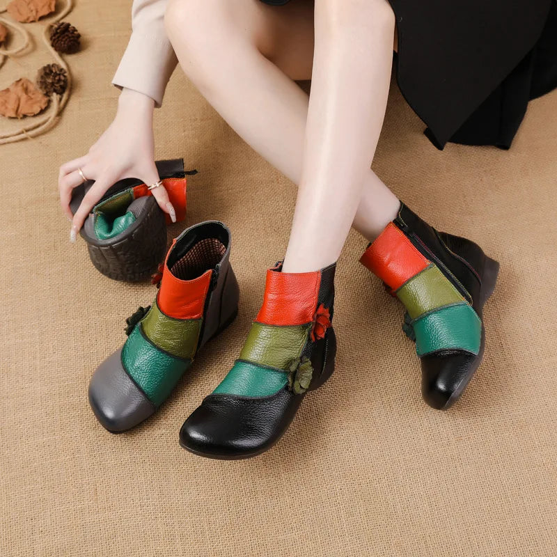 WOIZGIC Bottes en cuir véritable pour femmes, chaussures à la cheville, fermeture éclair, style ethnique, automne, fourrure en peluche, fleur chaude