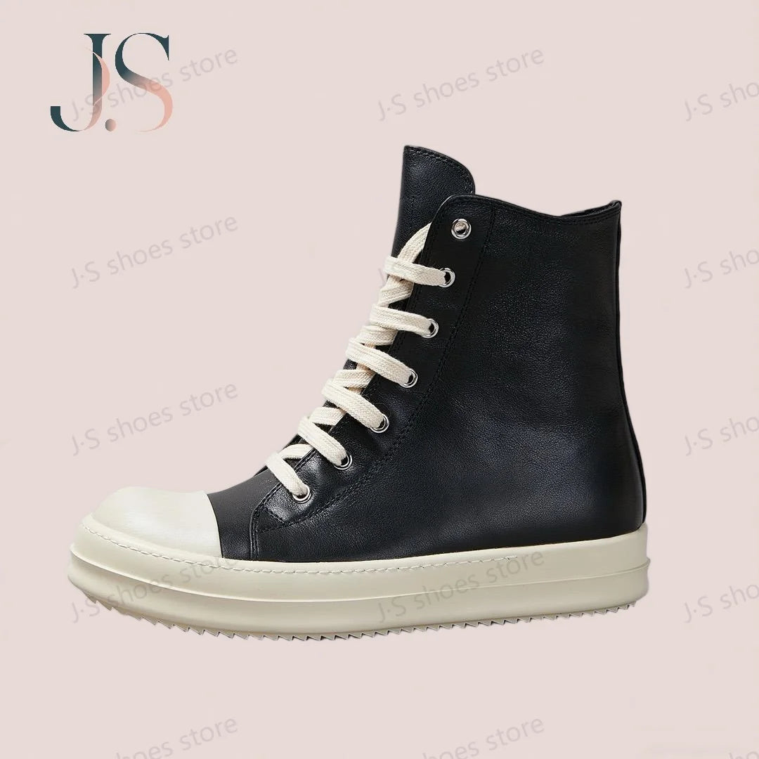 Brand Ro Shoe Men High Top Shoes Black Leather Sneakers Cowhide Women Boots Luxury Casual Sneaker Laces Zipper Flat Ankle Boot