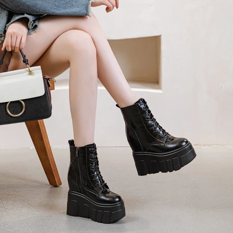 Fujin 14CM Microfiber Genuine Leather Women Boots Causal Boot Shoes Motorcycle Ankle Booties Platform Wedge Thick Sole ZIP Shoes
