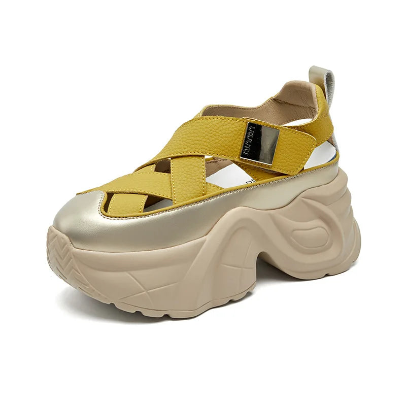 Fujin 8cm Cow Weave Genuine Synthetic Leather Platform Wedge Hook Summer Hollow Sandals Flat Women Slippers Pumps Fashion Shoes