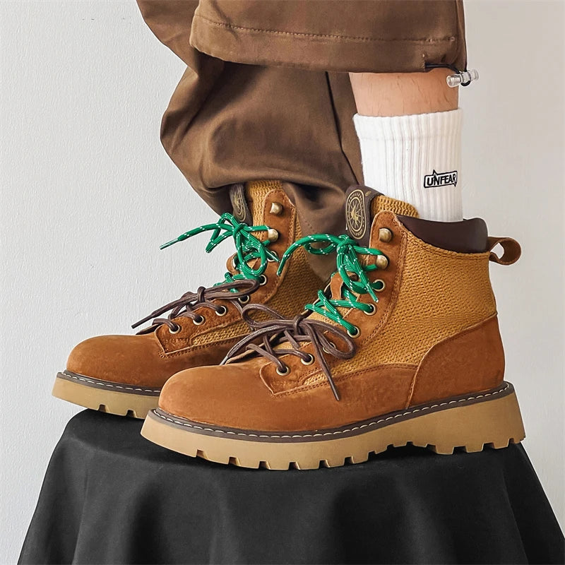 STRONGSHEN Retro Casual High Top Men Boots Genuine Leather Chunky Boot Motorcycle Ankle Boots Lace-Up Work Footwear Botas Hombre