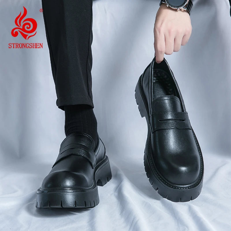 STRONGSHEN Men Leather Shoes Platform Casual Slip on Dress Casual Fashion Business Formal Wedding Shoes Outdoor Tenis Masculino