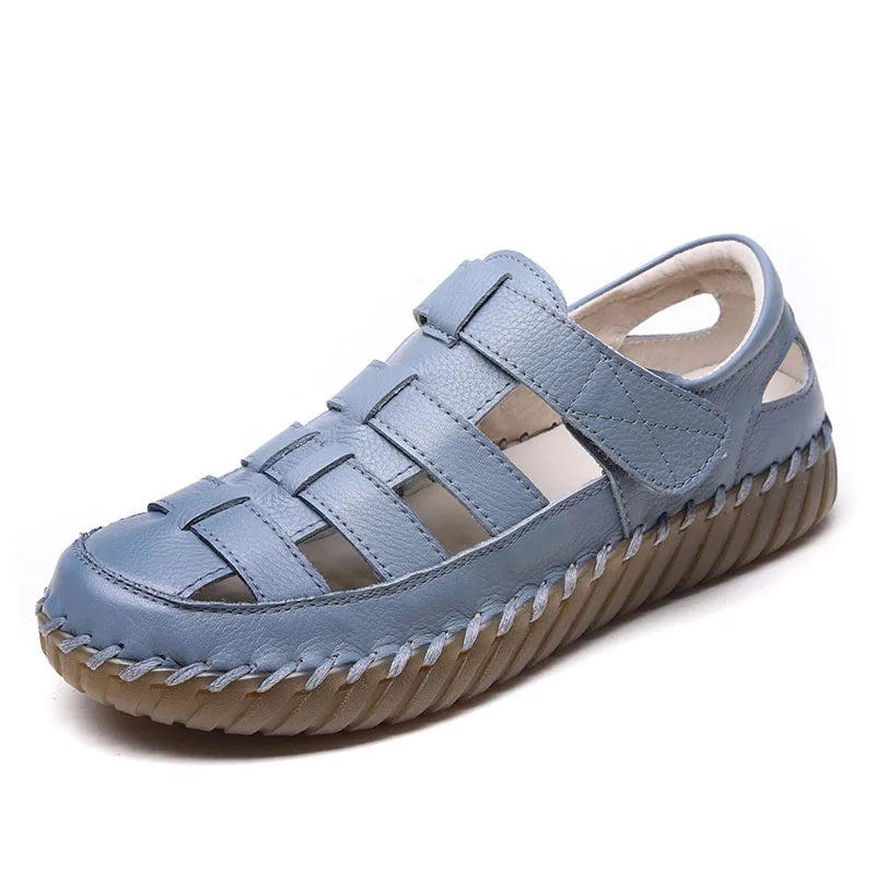 DRKANOL Fashion Women Flat Sandals Summer Shoes 100% Genuine Cow Leather Hook And Loop Hollow Soft Cow Muscle Roman Sandals Lady