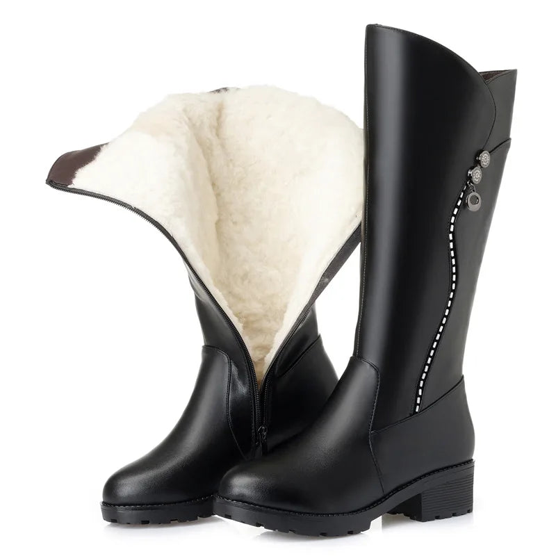 WOIZGIC Bottes en cuir véritable pour femme, plateforme, laine, fourrure, chaudes, hiver, talon moyen, fermeture éclair, grande taille 42 43
