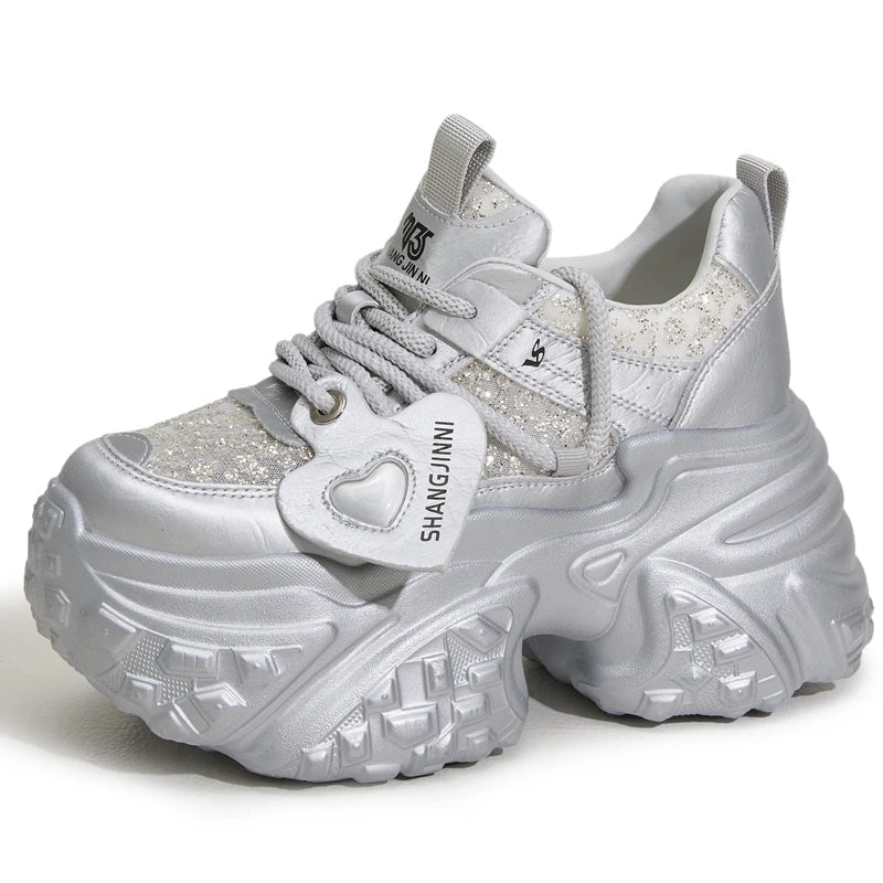 AUTUSPIN 10cm High Chunky Sneakers Women Newest Autumn 2025 Fashion Bling Bling Shoes Outdoor Lace-up Brand Platform Sneaker