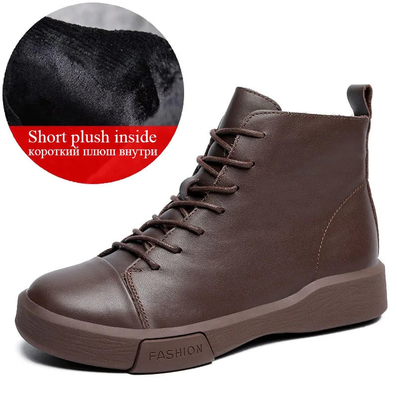 DRKANOL 2025 Fashion Women Flat Ankle Boots 100% Cow Genuine Leather Round Toe Autumn Winter Warm Casual Short Boots Black Brown