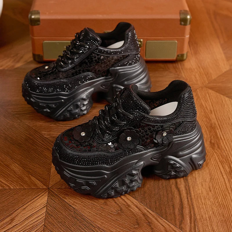 AUTUSPIN 10cm Lace Shoes for Women High Platform Wedged Casual Shoes Female Outdoor Crystal Shiny Comfy Chunky Footwear Woman